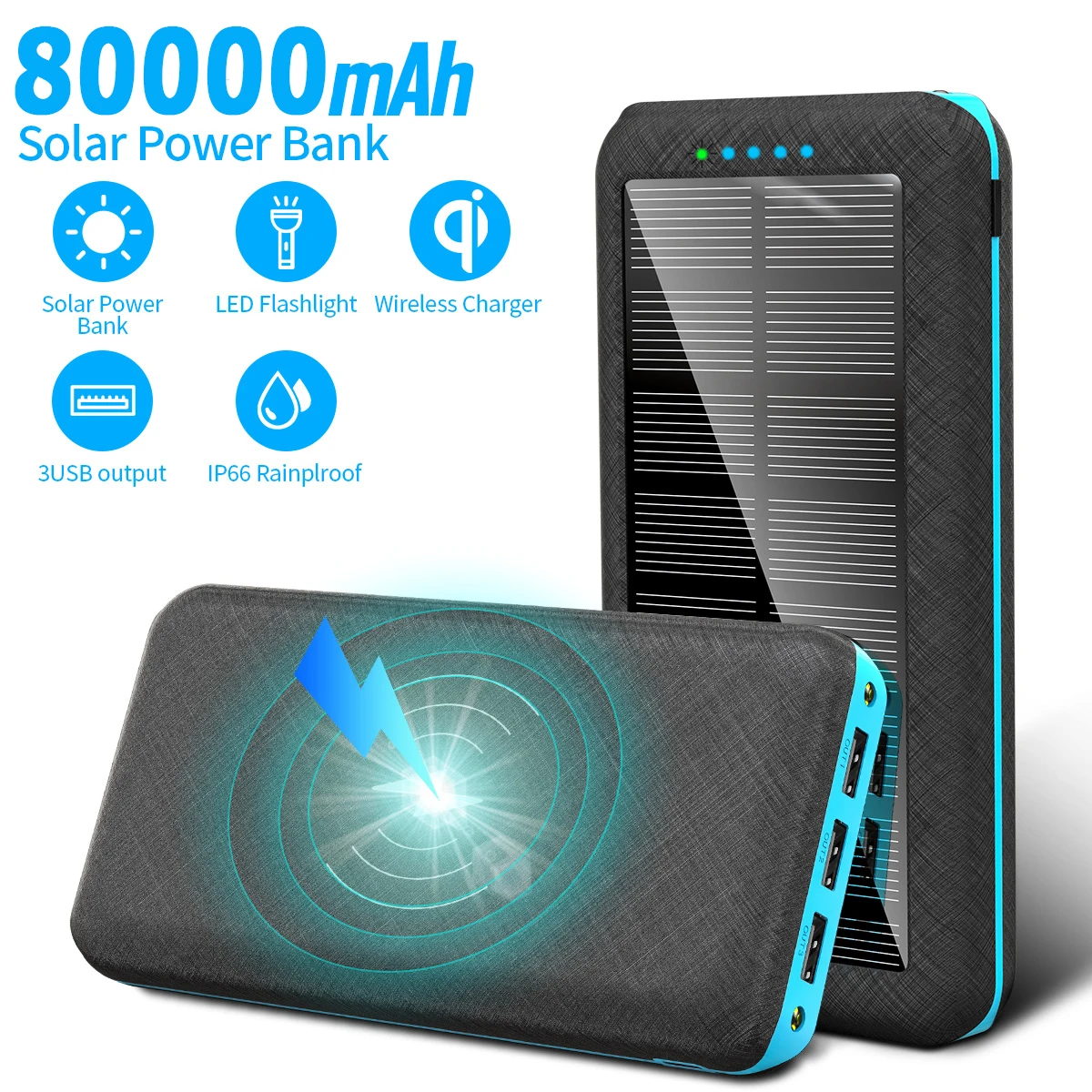 80000mAh солнечный банк силы быстрое Qi Беспроводное наружное зарядное устройство