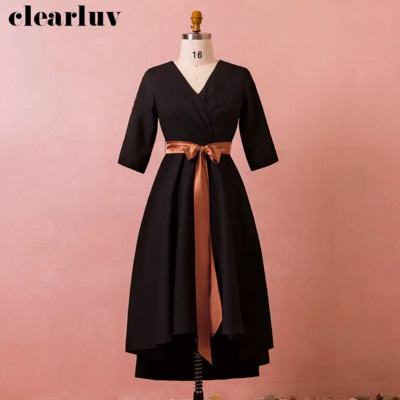 

V-Neck Evening Gowns Robe De Soiree T404 2019 Plus Size Black Short Front Long Back Women Party Dresses Formal Evening Dresses
