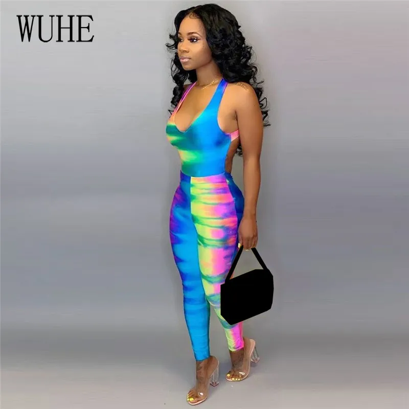 

WUHE Women New Halter Neck Open Back Tie Dye Galaxy Print Bodycon Jumpsuit Summer Beach Sexy Romper Night Club Party Playsuit