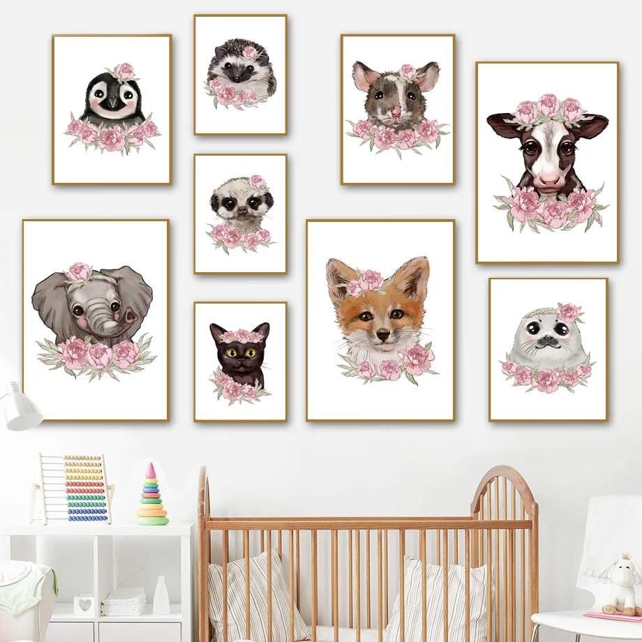 Flamingo Elephant Fox Duck Dog Flower Nursery Wall Art Canvas Painting Nordic Posters And Prints Wall Pictures Kids Room Decor
