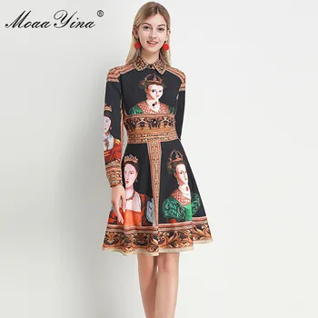 

MoaaYina Fashion Designer Runway dress Spring Summer Women's Dress Long sleeve Vintage Print Slim Elegant Dresses