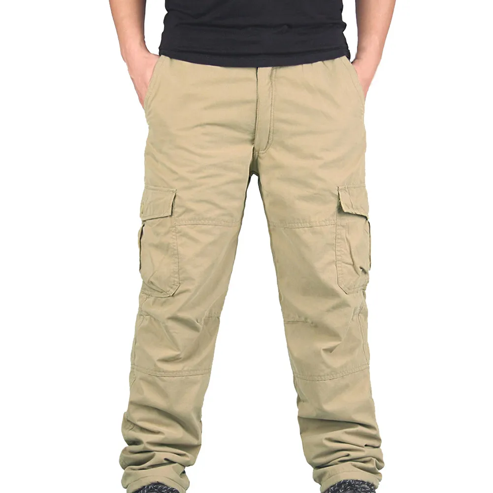 Высокое качество мужские рабочие зимние теплые термо флисовые брюки с подкладкой мульти-карманы толстые свободные брюки NCM99 - Цвет: Хаки