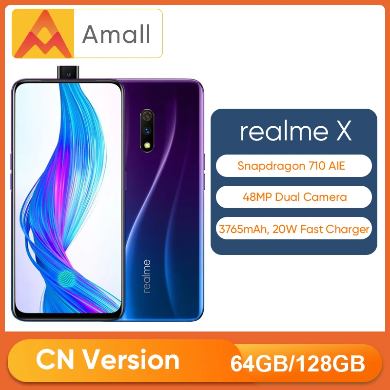 Realme X 4 ГБ ОЗУ 64 Гб ПЗУ 6,53 ''полноэкранный мобильный телефон с всплывающей камерой мобильный телефон 20 Вт VOOC Быстрая зарядка 3,0 смартфон