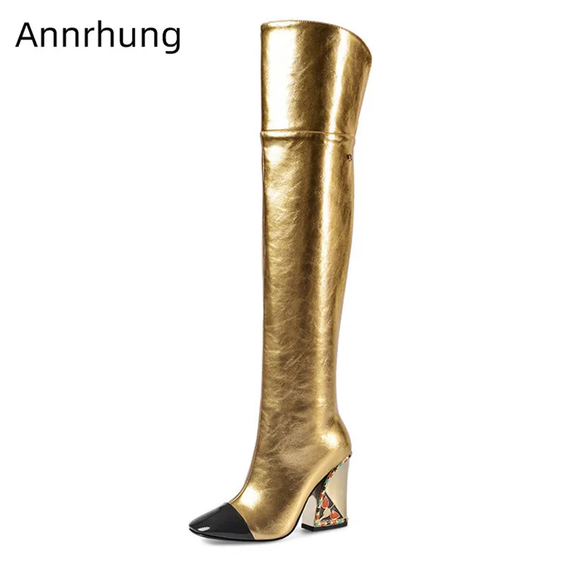 

Fashion Catwalk Long Boots Women Mixed Color Chunky High Heel Over The Knee Boots Gold Black Patchwork Boots Long Botas Femme