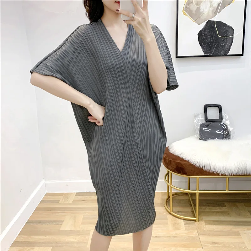 MIYAKE плиссированное платье с v-образным вырезом длинное плиссированное платье es Свободная Женская одежда большого размера