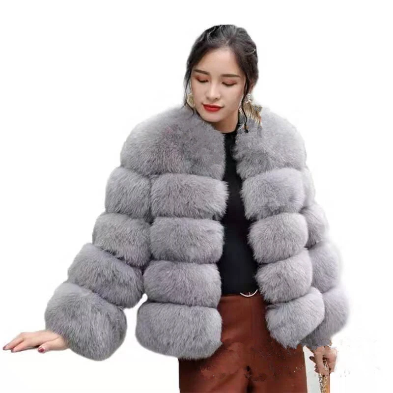 

LEDEDAZ S-3XL Plus Size Furry Faux Fox Fur Coat Short Elegant Faux Fur Jacket Thick Warm Winter Outerwear Gray Gilet Fourrure