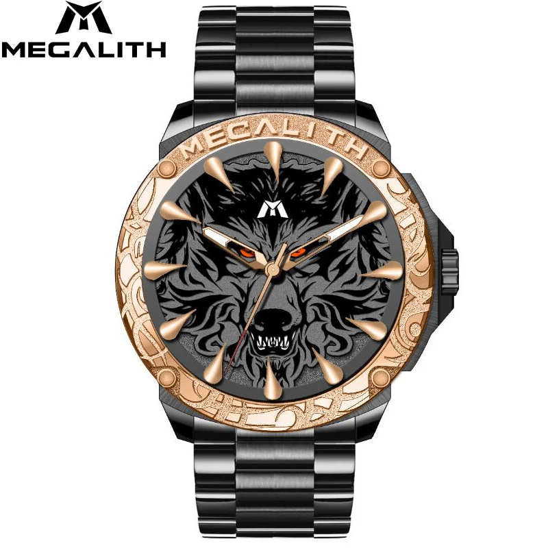 Relogio Masculino,, MEGALITH, спортивные, тисненые, Волчья Голова, кварцевые часы, водонепроницаемые, нержавеющая сталь, Роскошные наручные часы, мужские часы