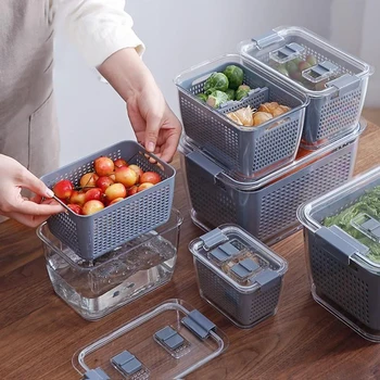 

Kitchen Plastic Storage Box Fresh-Keeping Box Refrigerator Fruit Vegetable Drain Crisper Kitchen Storage Containers With Lid New