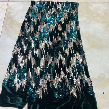 

2019 Nigeria Latest Design Velvet Lace Fabric 5 Yards/pcs High Quality African Lace Lake Blue Color Sequins For Party Dress