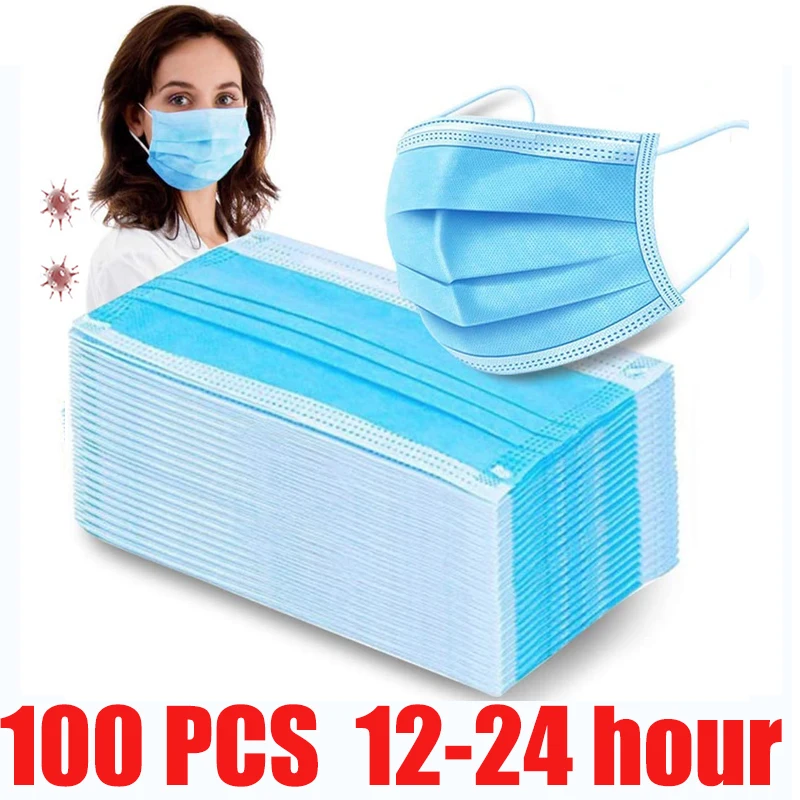 

Fast Delivery Hot Sale 3-layer Mask 100pcs Face Mouth Masks Non Woven Disposable Anti-Dust Meltblown Cloth Masks Earloops Masks