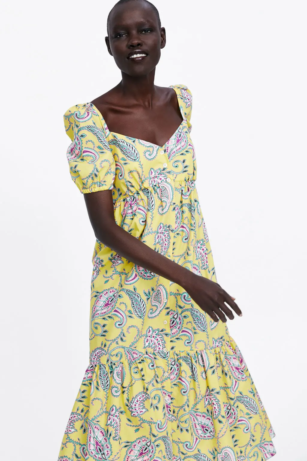 

Europe And America Pastoral Retro Laminated Decoration Printed Puff Sleeve Dress Single Breasted Joint Flounced Long Skirts