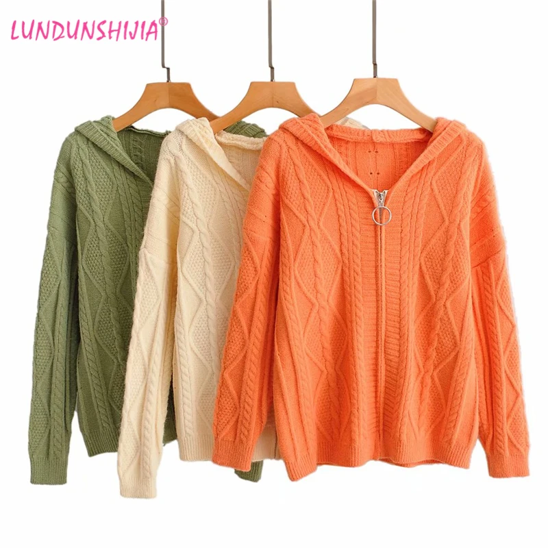 

LUNDUNSHIJIA 2019 Spring Autumn Women Orange Knitting Hooded Cardigan Sweaters Ladies Zipper Decoration Loose Outwear Cardigans