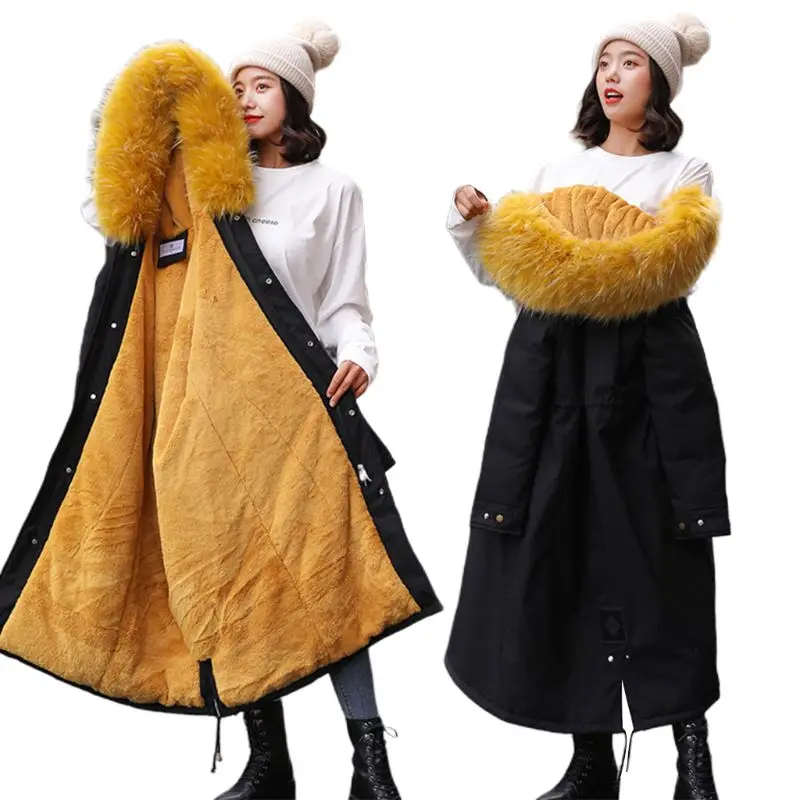 

Womens Plus Size Winter Thicken Warm Parka Coat Contrast Color Fluffy Plush Hooded Long Jacket Outwear Overcoat M-3XL
