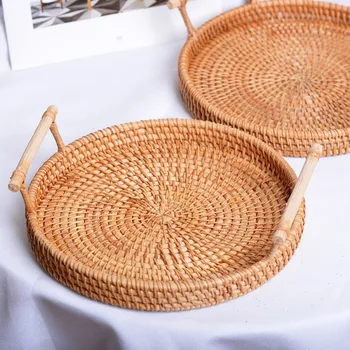 

Rattan Bread StorageTray Dinner Coffee Breakfast Serving Tray Round Hand-Woven Tea Tray With Handles Home Decorations