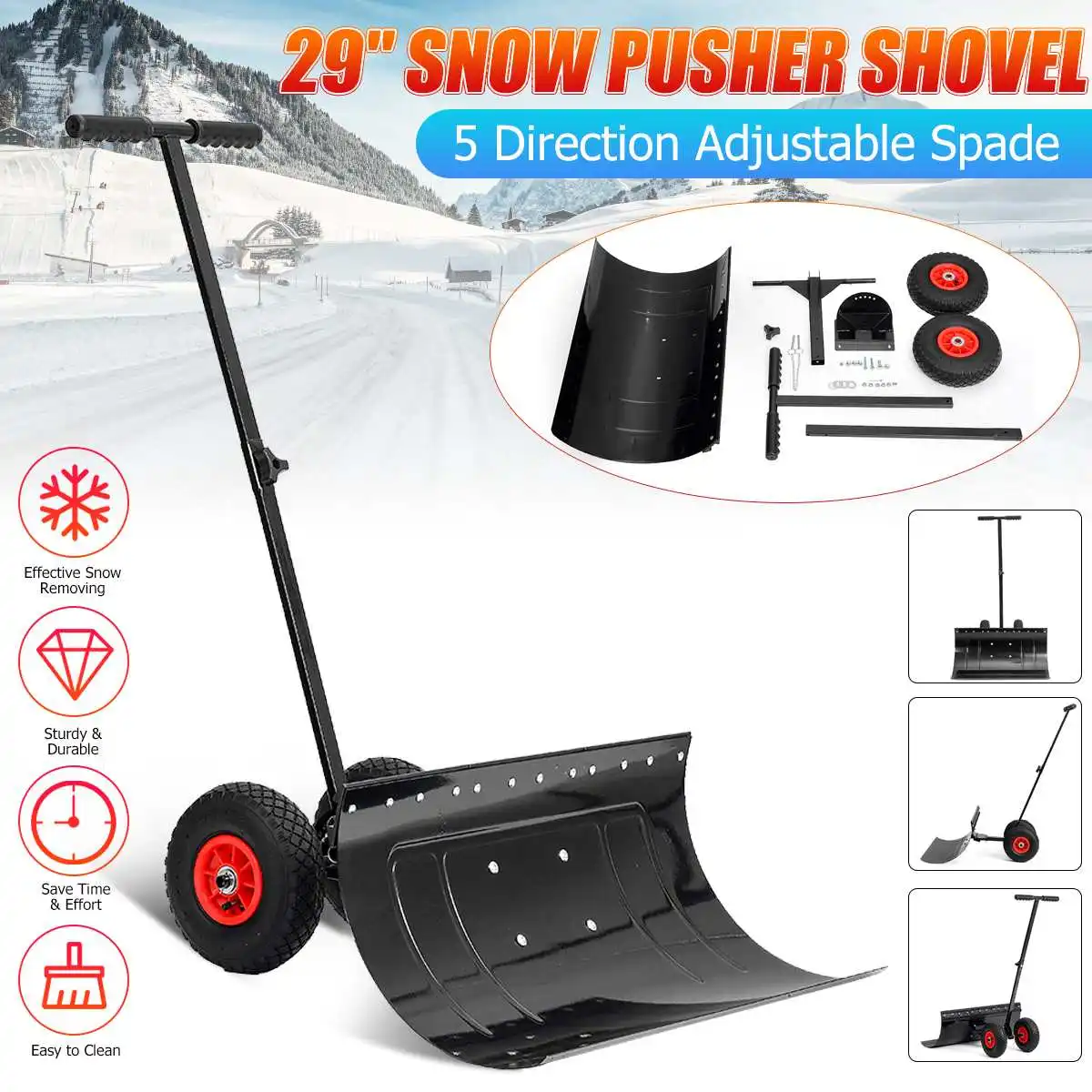 Efficient Snow Plow for Snow Removal 29 x 17 inches Blade Adjustable Snow Pusher with Wheels Lulu Home Heavy Duty Snow Shovel 