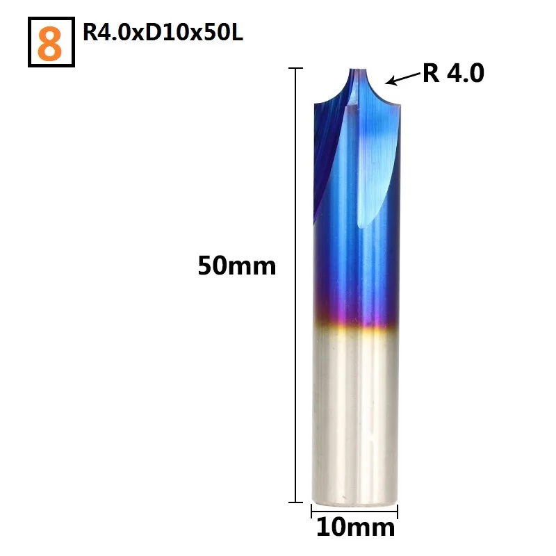 R4xD10x50L 1 шт. R0.5-R5.0 Nano с синим покрытием угловая закругленная Концевая фреза ЧПУ Концевая фреза карбид фреза фаска Концевая фреза - Длина режущей кромки: R4xD10x50L