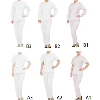 

Women Two Piece Nurse Uniform Set White Multi-Pocket Button Down Tops Shirts Casual Long Pants Loose Suits Dental Clinic Lab