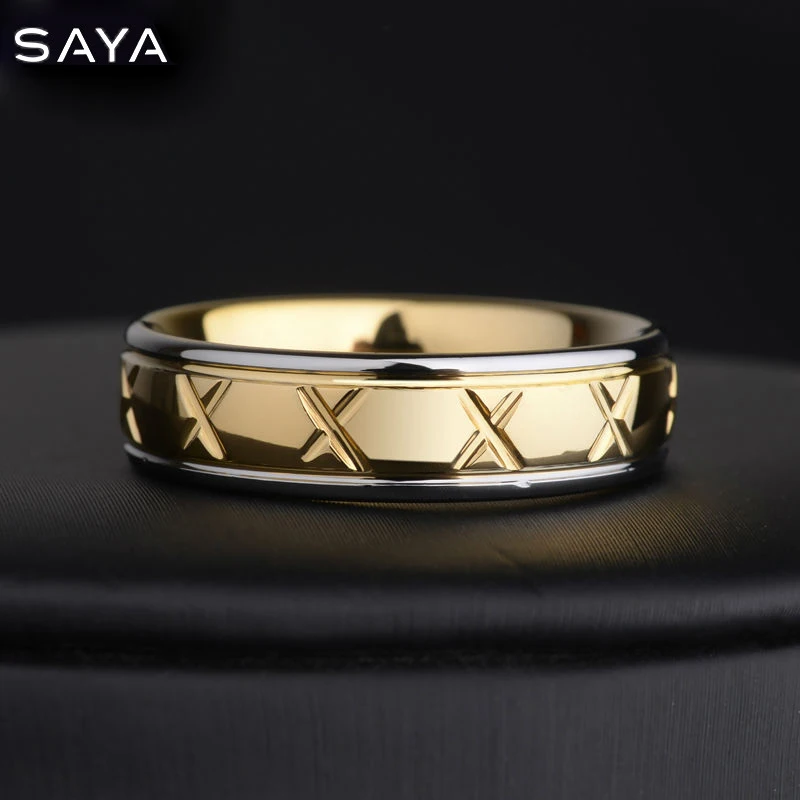 

New Arrival Unique Design 18K Gold Plating Men's Tungsten Carbide Rings Fashion Band 6mm Width Step Design Size 7-11