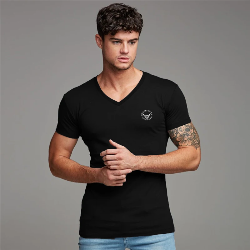 

2021 Brand Fitness New Mens Fashion Short Sleeve Tshirt Cotton Clothing Bodybuilding Trend Casual Sports Running V-neck T Shirts