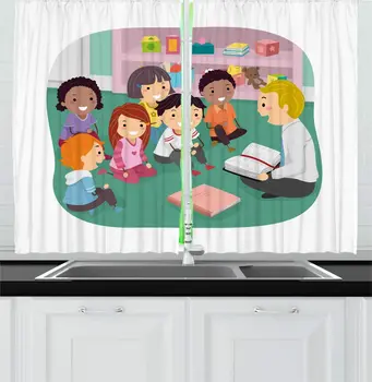 

Teacher Kitchen Curtains Nursery Themed Cartoon with Man Reads Book to Preschool Students for Kitchen Cafe Decor