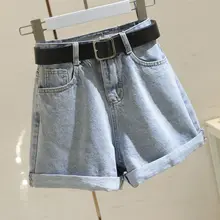 

High Waist Women Blue Denim Shorts With Belt Summer Casual Female Wide Leg