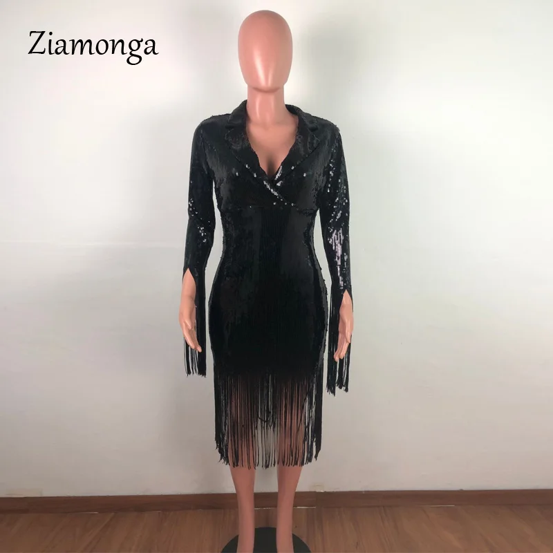 Ziamonga, золотые Блестящие Блестки, кисточки, сексуальные платья для вечеринок, женское Бандажное платье с длинным рукавом, элегантное Клубное платье, Прямая поставка