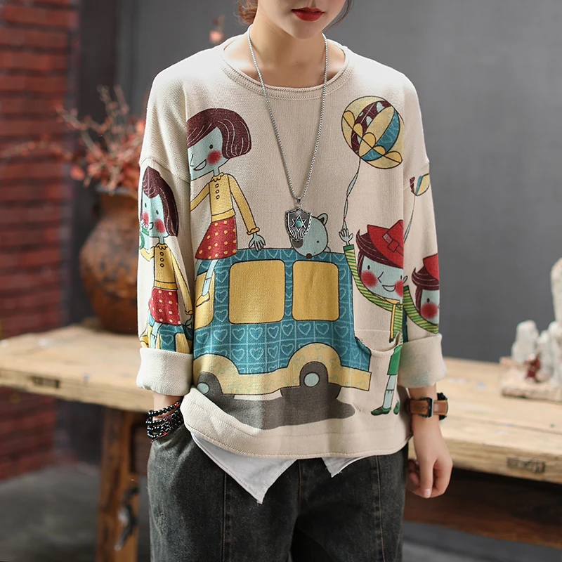 Мультфильм пуловер свитер с рисунком Осень Свободный большой круглый вырез длинный рукав вязаный свитер женская одежда плюс размер свитер