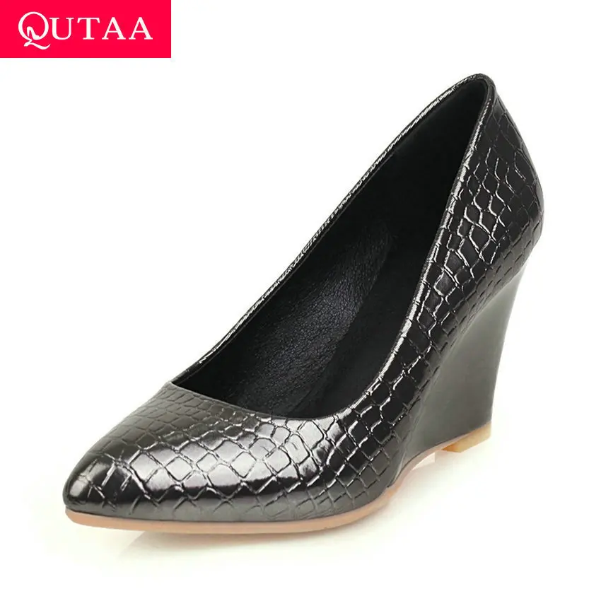 

QUTAA 2020 Pointed Toe All Match Slip on Women Shoes PU Leather Women Pumps Wedge Heel Shallow Quality Single Shoes Size 34-43