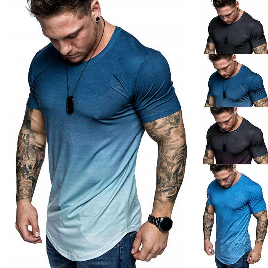 

Summer Fashion Men's T Shirt Short Sleeve Clothing Gradient Striped Tees Fitness Elastic tops Casual Blouse O-Neck Tee Shirt
