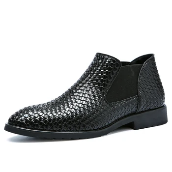 

Men Chelsea Boots Classic Fashion Faux leather ankle Boots male Hand Knit Shoes Black Red Casual footwear Plus Size 38-48
