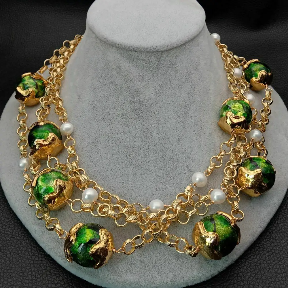 

19'' 4 Strands Freshwater White Pearl Green Murano Glass Necklace