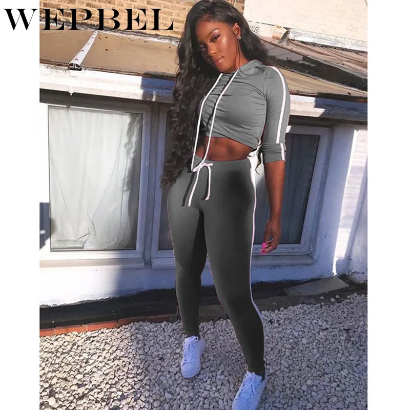 

WEPBEL Fashion Long-Sleeved Hooded Top + High Waist Pencil Pants Suit Women's Casual Solid Color Lace-up Hooded Two-Piece Suit