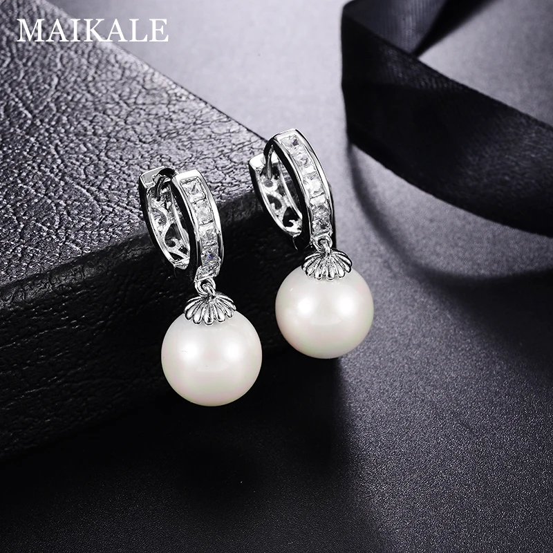 MAIKALE, золотые, серебристые, жемчужные серьги-капли для женщин, Круглый Круг, CZ, кубический цирконий, серьги с жемчугом, Женские Ювелирные изделия, подарки