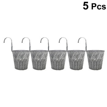 

5PC Craft Old Iron Flower Bucket with Hooks Vintage Decorative Artificial Plants Succluents Bucket Printing Potted Flower Holder