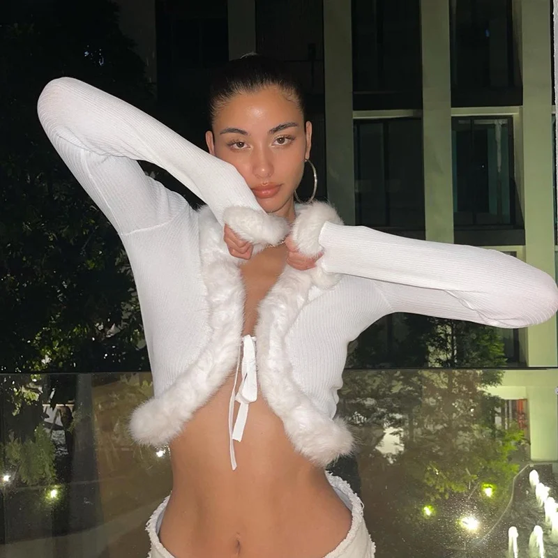 

Пикантные женские свитера CHRONSTYLE с длинным рукавом Кардиган с открытым стежком вязаный меховой лоскутный свитер на шнуровке спереди осень 2021