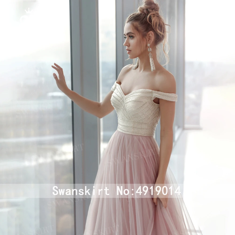 Блестящее вышитое бисером свадебное платье Swanskirt K329 с открытыми плечами из тюля А-силуэта со шлейфом вечерние платья для невесты Vestido de novia