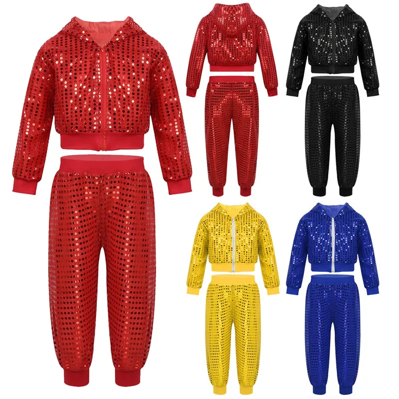 

2pcs Unisex Team Wear Kids Boys Kid Girls Shiny Sequins Hip-hop Costume Jazz Street Dance Wear Long Sleeve Hooded Tops Pants Set