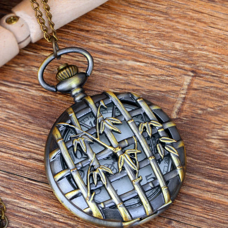

Quartz Pocket Watch Chinese Antique Style Bronze Thin Chain Hollow Bamboo Pocket Watch Can Flip Inside White Pocket Watch
