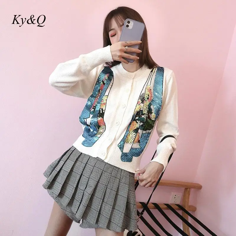 High Quality Brand Winter Women Sweater Sequins Christmas Sweet Comfortable White Short Knit O-neck Cardigan Clothes