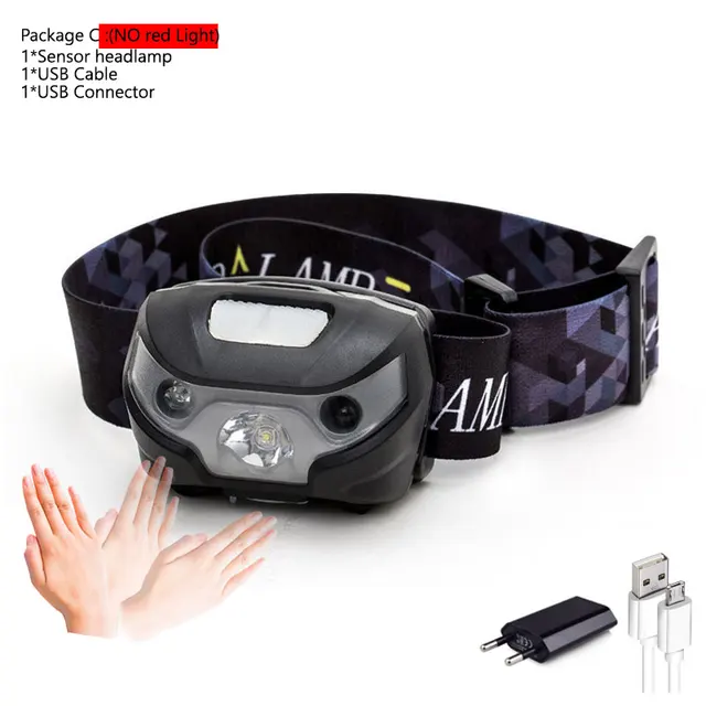 Powerfull Headlamp USB Rechargeable LED Headlight Body Motion Sensor Head Flashlight Built in lithium battery Torch Light Lamp B