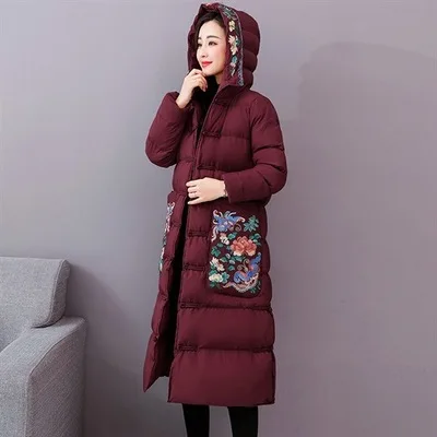 Maroon Embroidery Winter Jacket Women Ultra Long Thick Warm Parka Coat Elegant Women Fashion Slim Hoodies Cotton Padded Coat QQ063 - Цвет: Maroon