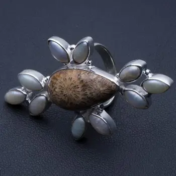 

Natural Fossil Coral and River Pearl 925 Sterling Silver Ring, US Size 6 R2788