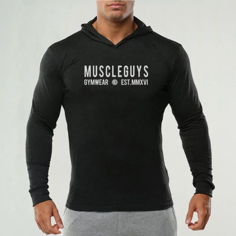 Muscleguys, спортивная одежда для спортзала, для бега, с длинным рукавом, с капюшоном, футболка, мужская, хлопковая, облегающая, футболка, для бодибилдинга, фитнеса, футболка