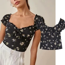 

Maxdutti Blusas Mujer De Moda 2021 Women Ins Indie Folk Vintage Daisy Printing Ruffers Sexy Short Shirt Women Summer Blouse Tops