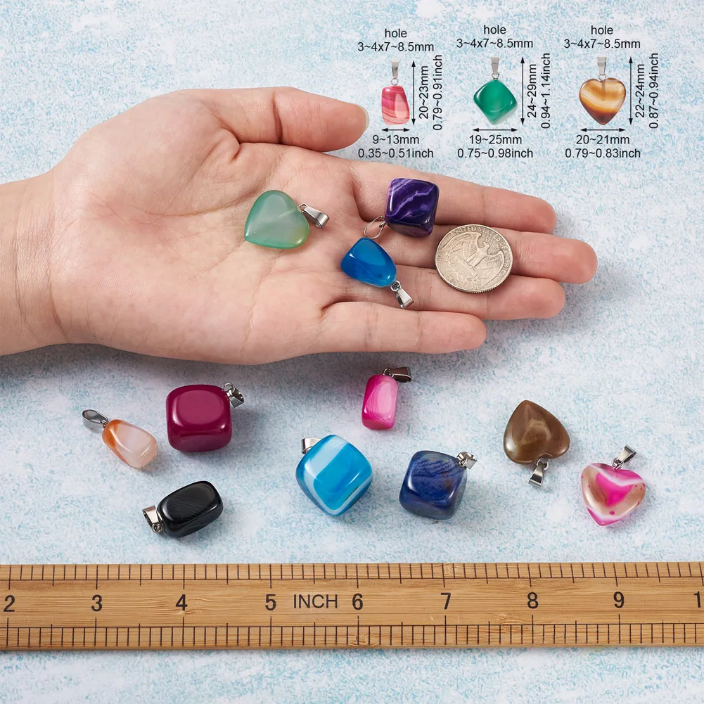26Pcs Cube/Cuboid/Heart Shape Dyed Natural Striped Stone Pendants Charms with Stainless Steel Snap On Bails For Necklace Jewelry