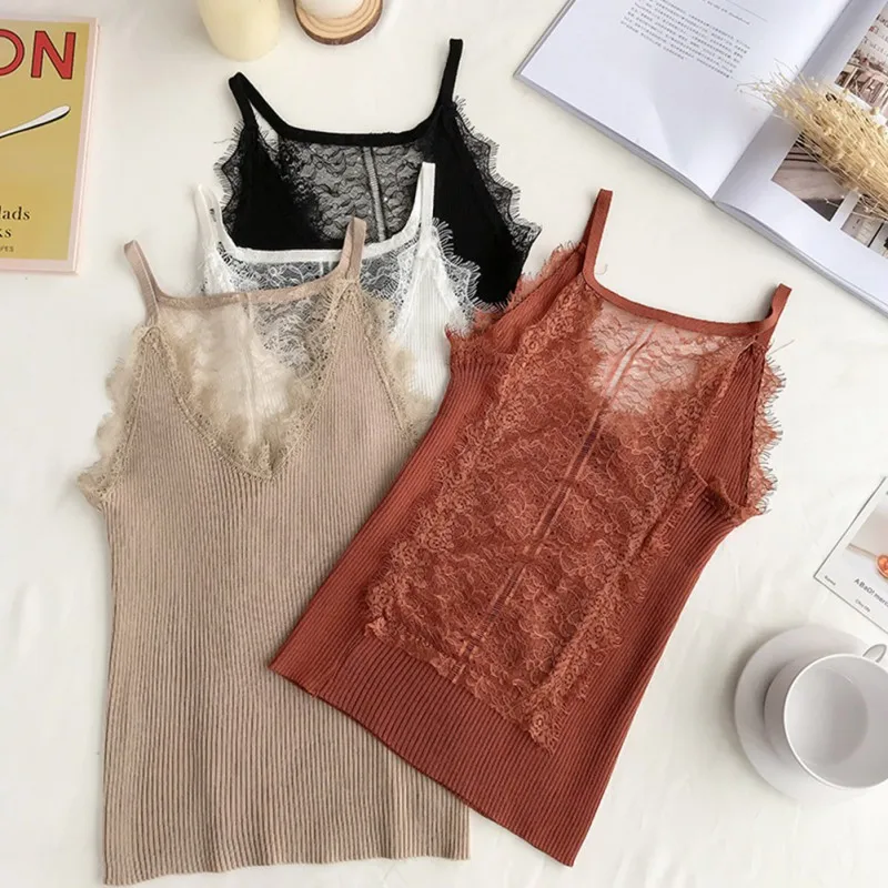 Сексуальный V воротник Camisole женщин Кружева Сладкий Вязать рубашка лето с открытыми плечами Тонкий майка x