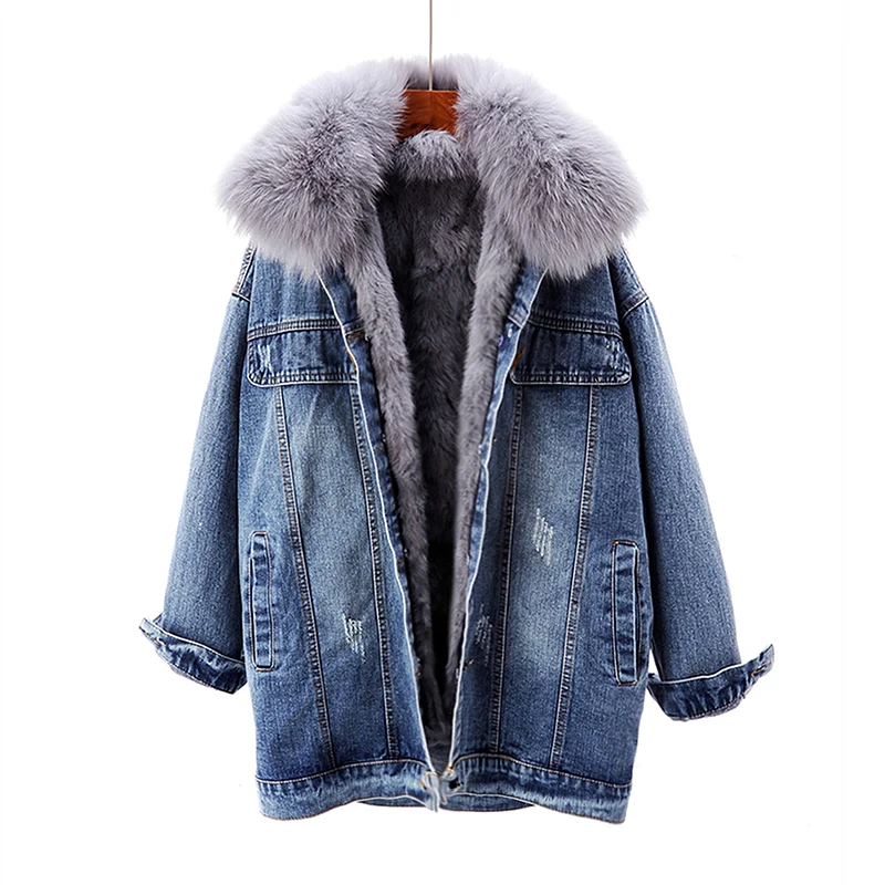remarkable  Winter Warm fur Coat Natural Fur Collar + Real Rabbit Hair Liner Denim fur Jacket Female retro fur 