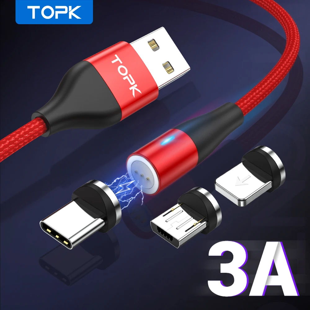Магнитный USB кабель TOPK 1 м 3 А для быстрой зарядки и передачи данных iPhone Xs Max