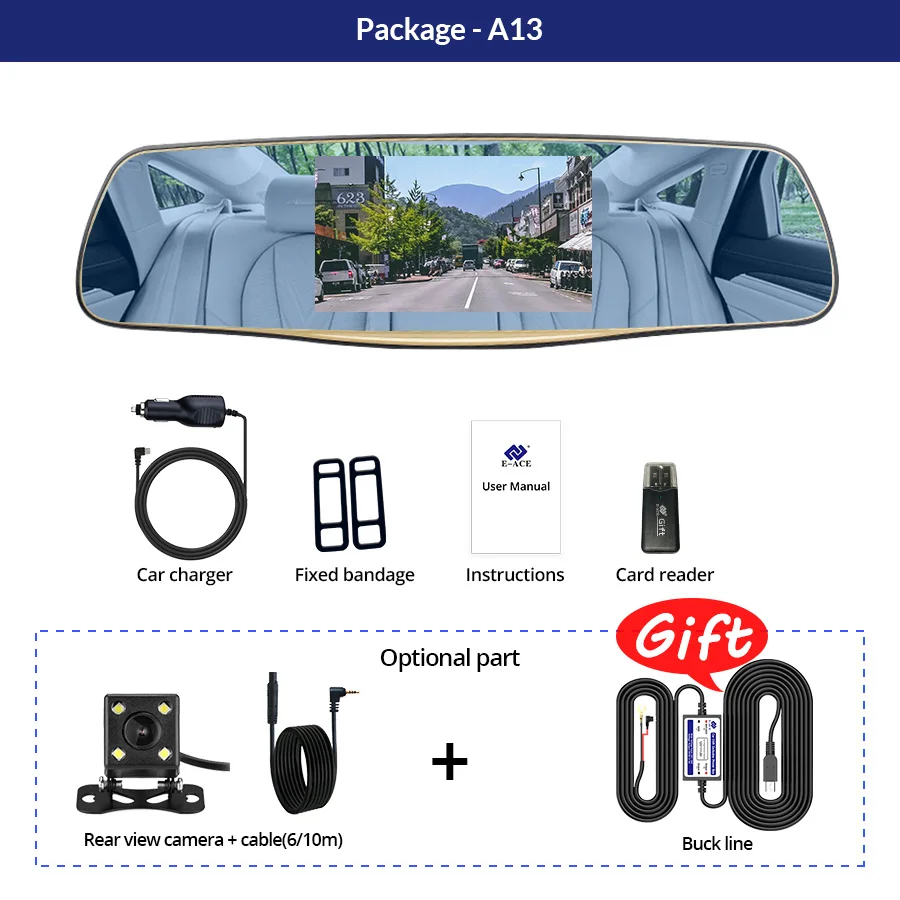 Автомобильный видеорегистратор E-ACE A13, 4 дюйма, зеркальная камера, видеорегистратор FHD с двумя объективами, с камерой заднего вида, Автомобильный регистратор, автомобильная камера, видеорегистратор