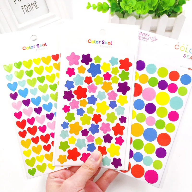 6 Sheets/Set Kids Stickers Cute Heart Star Dot Shape Sticker For Scrapbooking Diary Photo Album Decoration Supplie Girl Boy Gift | Игрушки и